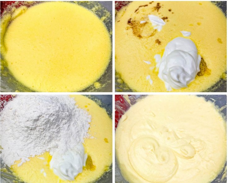 foto de collage de 4 fotos de masa de pastel de la freidora